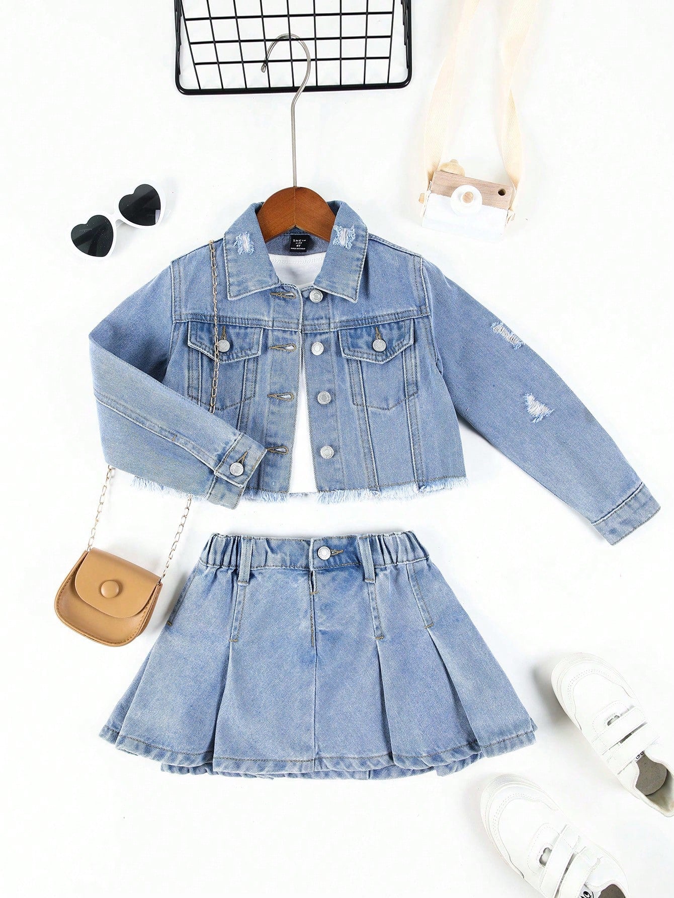 Young Girl Spring/Summer Casual Medium Blue Washed Ripped Denim Jacket With Pleated Denim Skirt Set