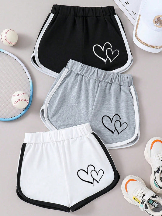 Tween Girl 3pcs/Set Color-Block Hearts Pattern Shorts With Hemmed Edge