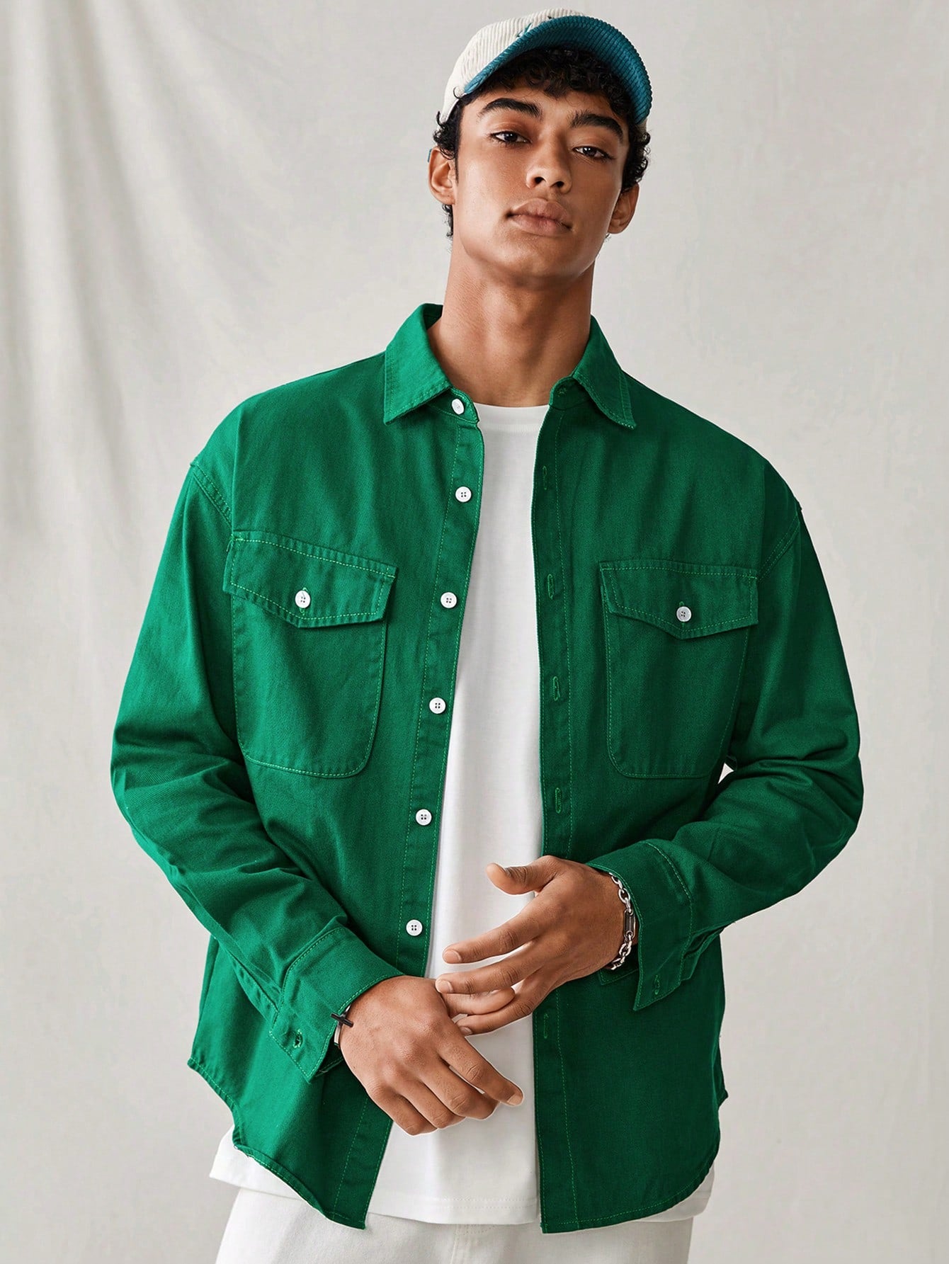 Men Loose Fit Casual Denim Shirt In Green