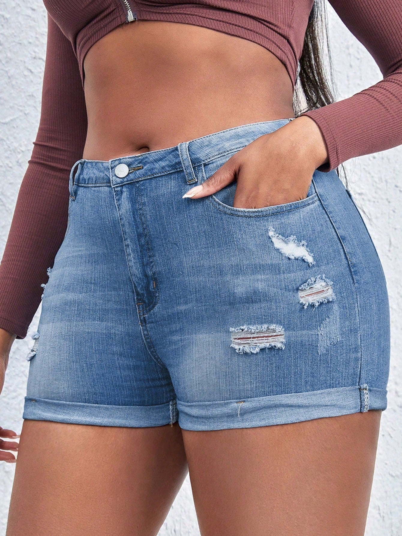 Plus Ripped Roll Up Hem Denim Shorts