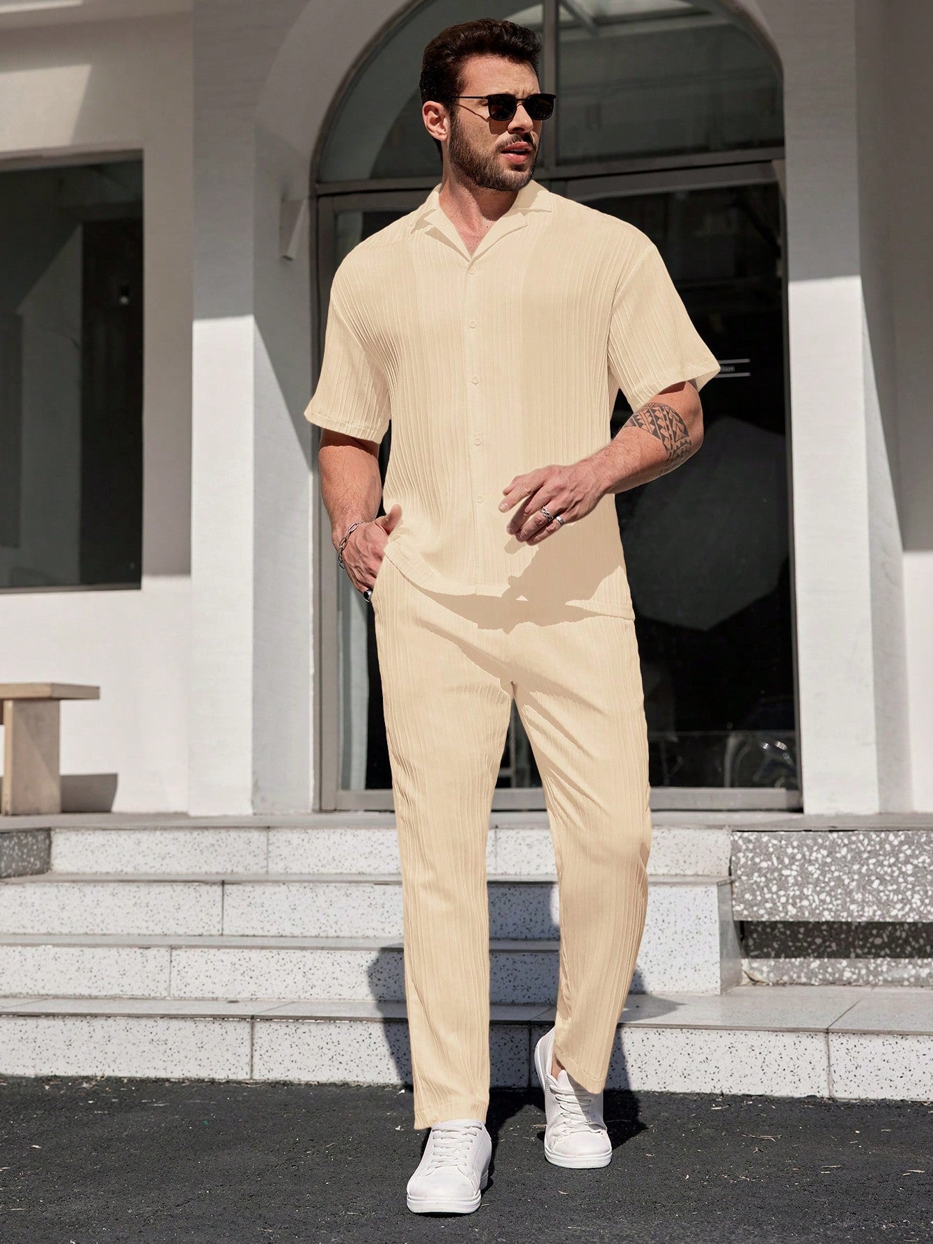 Men's Solid Color Textured Button Up Shirt And Pants Set