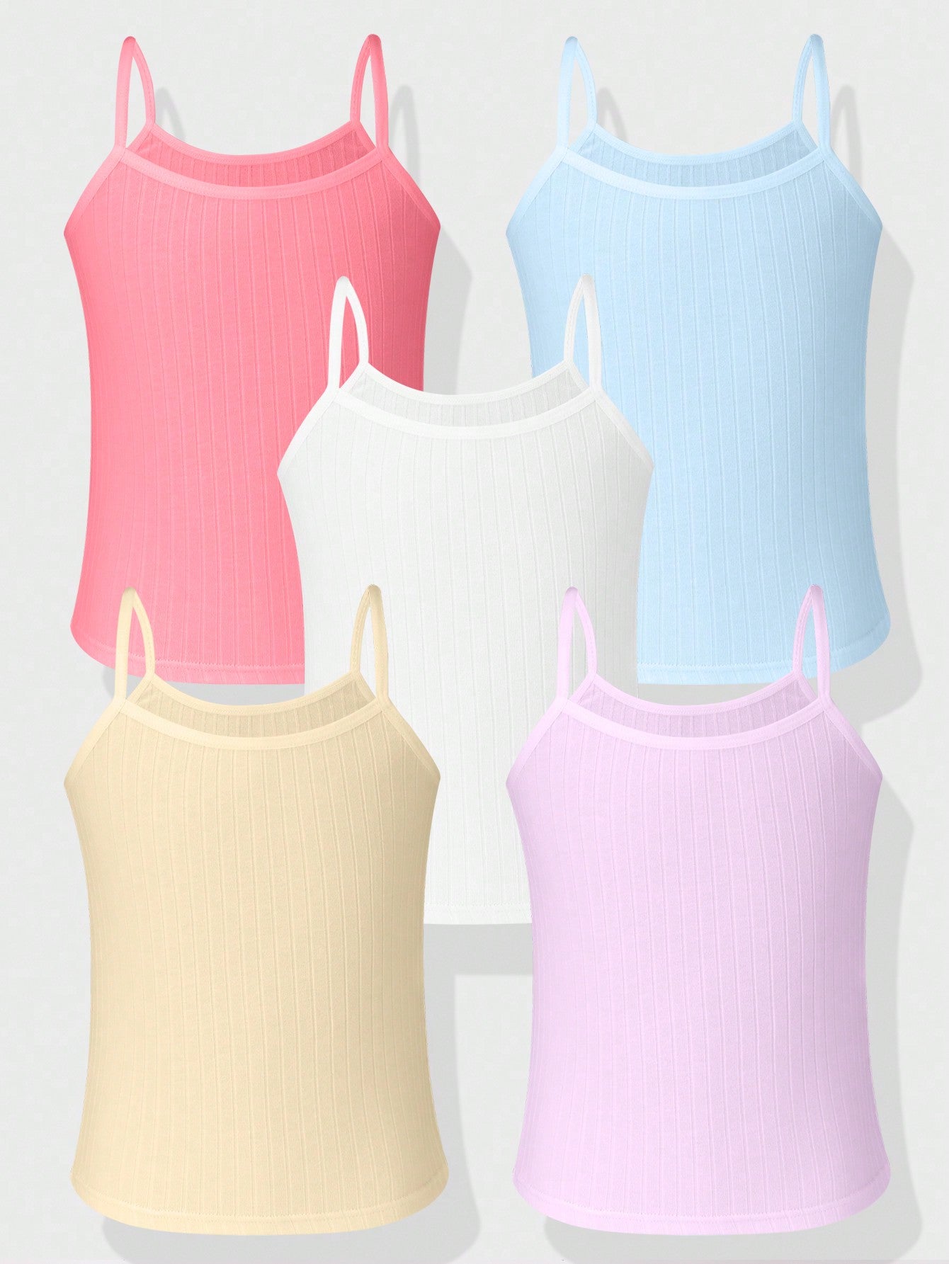 Young Girl Solid Color Ribbed Tank Top, Casual Underwear, Multi-Pack