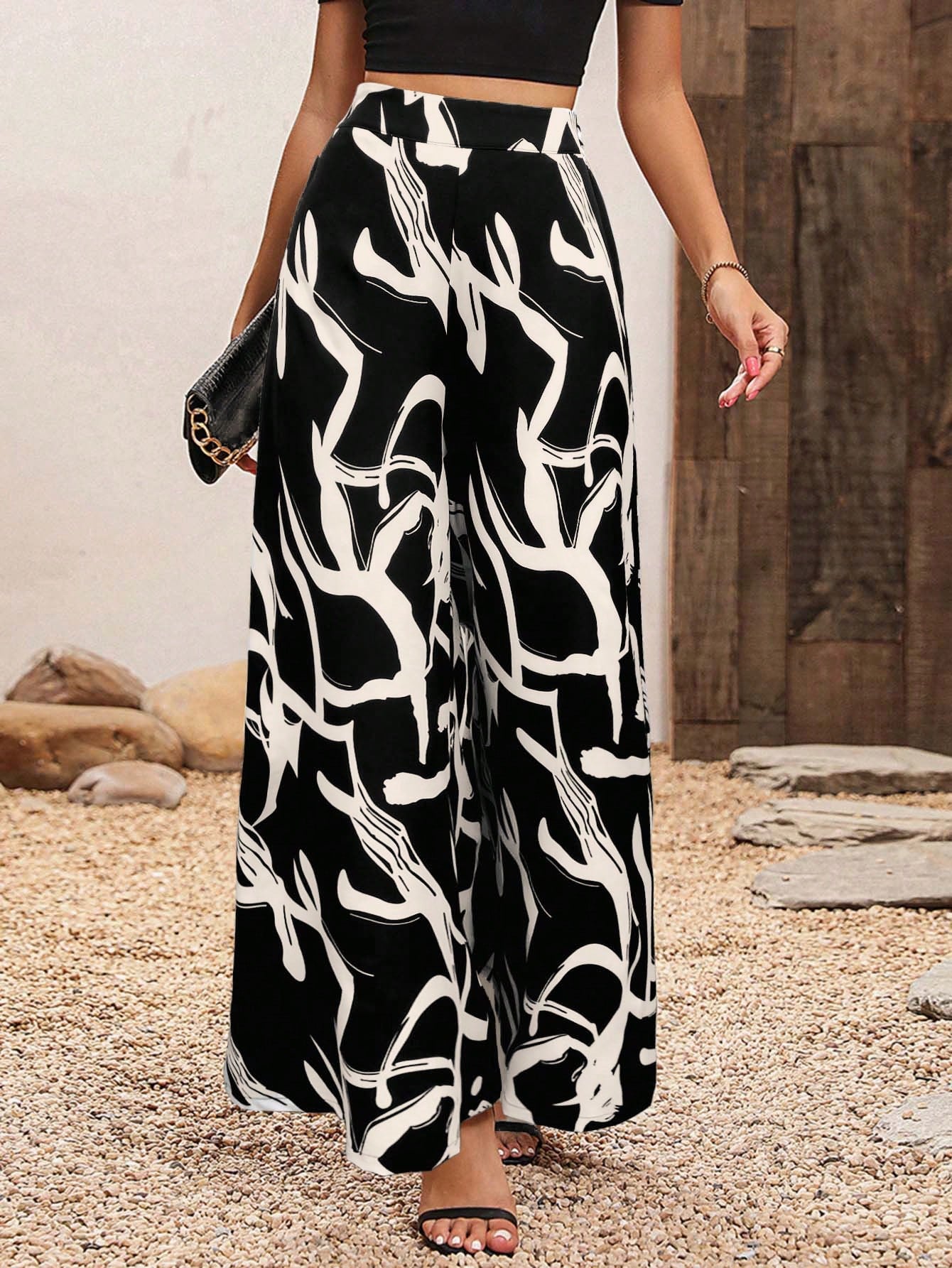 High Waisted Wide Leg Pants With Plant Print