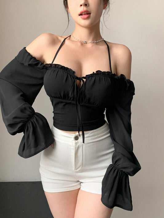 Women Spring Casual Solid Color Off-Shoulder Flare Sleeve Halter Neck Blouse