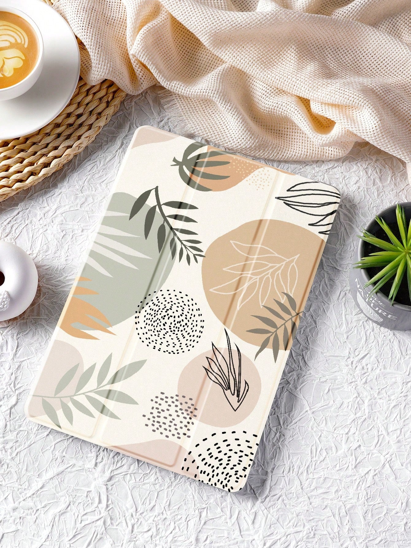 1pc Texture Printed Leaves Pattern Tablet Case With Anti-Fall, Pencil Slot, Sleep/Wake Feature, Compatible With Samsung, Huawei, Xiaomi And IPad