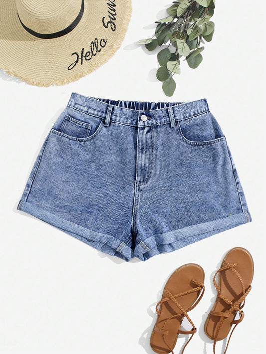 Plus Size Summer Vacation Casual Rolled Hem Denim Shorts