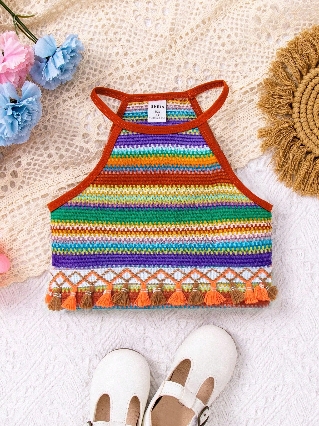 Young Girl Rainbow Colored Braided Strap Tank Top, Summer Casual Wear Suitable For Daily, Holidays, Festivals