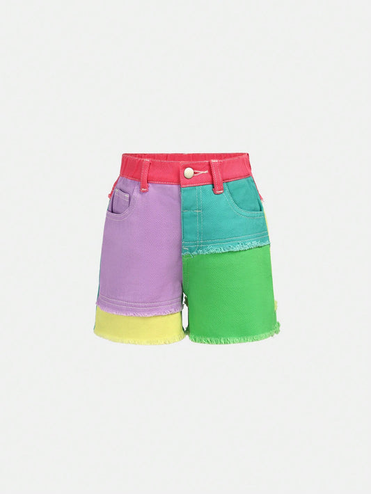 Young Girl High-Waist Color Block Frayed Hem Denim Shorts