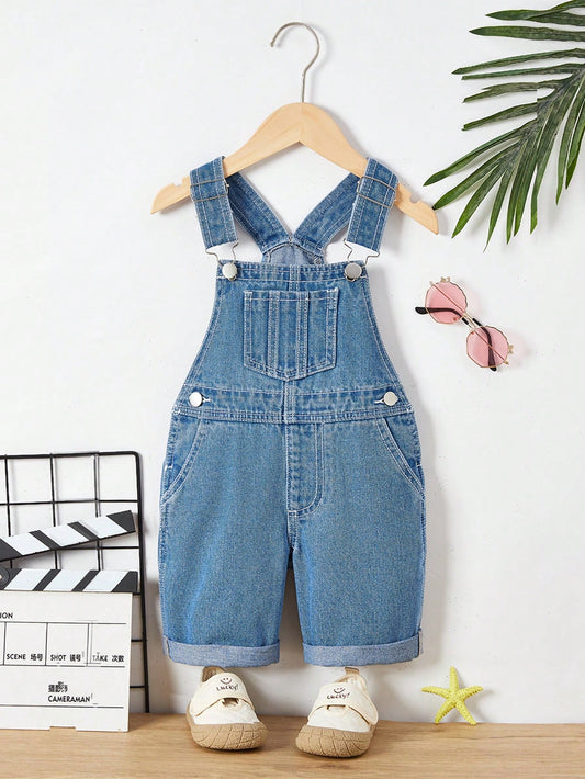 Young Boy Basic Casual College Style Roll Up Hem Denim Overall Shorts, Mid Blue Wash