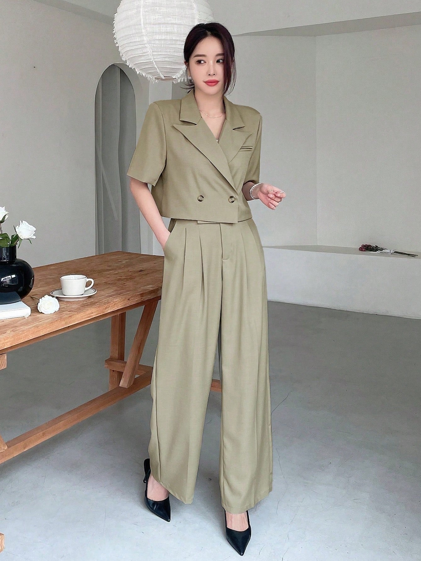 2pcs Women Short And Long Sleeve Short Blazer High Waist Wide Leg Suit Pants Set, Slimming