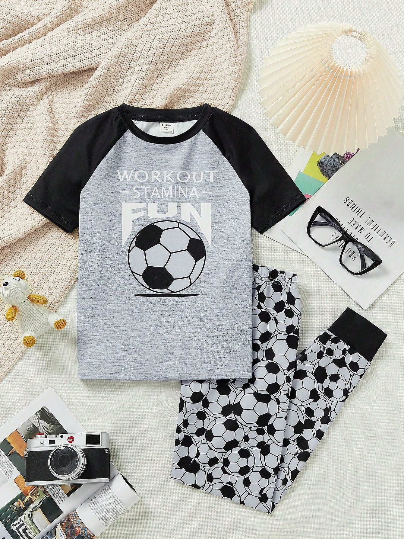 Tween Boy Snug Fit Football Pattern Raglan Short Sleeve Long Pants Knitted Pajama Set