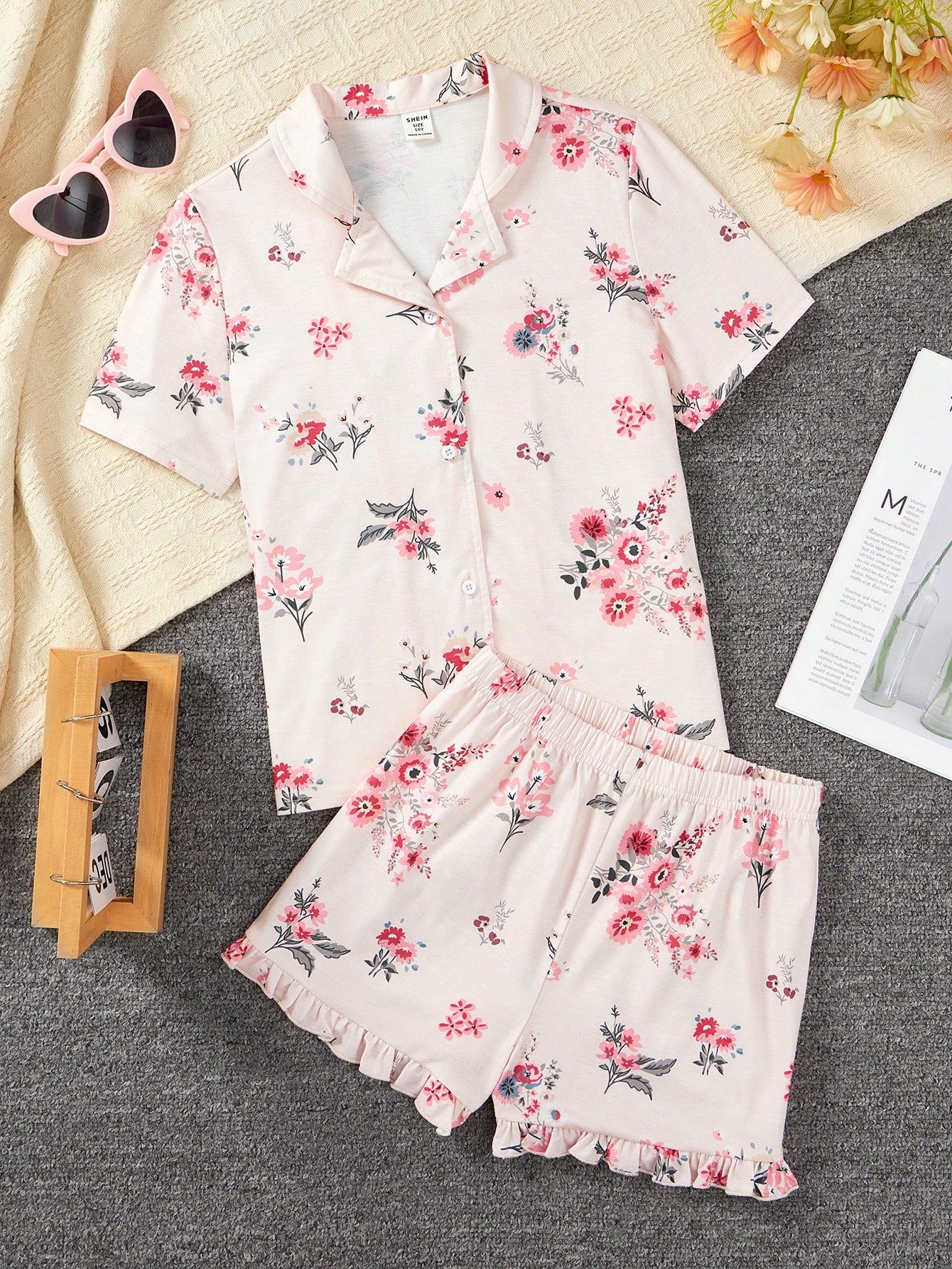 Tween Girl Elegant Floral Pattern Shirt Collar Short Sleeve Shorts Knitted Pajama Set