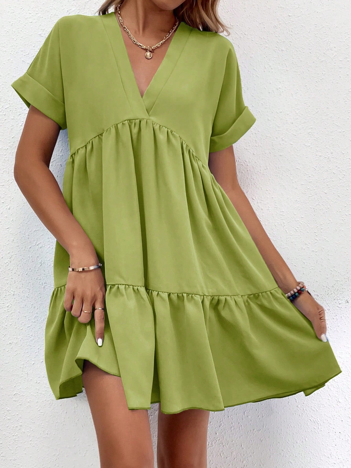 Solid Color Batwing Sleeve Layered Vacation Casual Dress