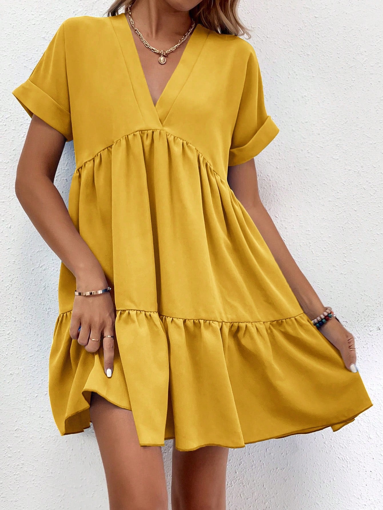 Solid Color Batwing Sleeve Layered Vacation Casual Dress