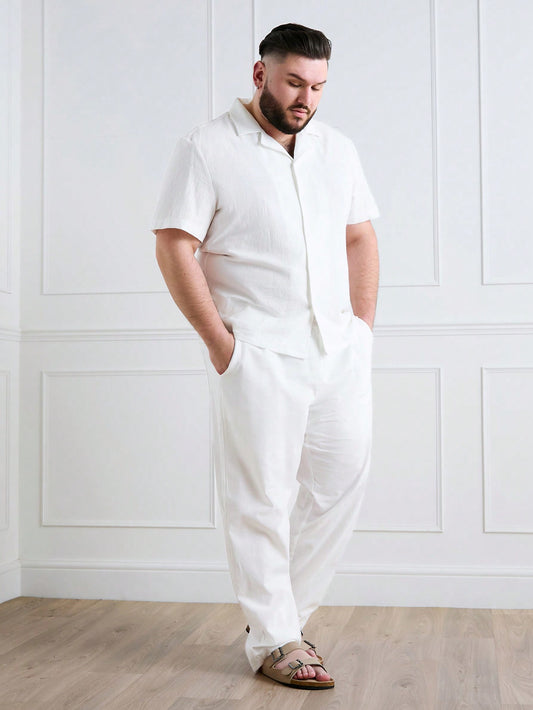 Men Plus Size Solid Color Button Up Short Sleeve Shirt + Pants Set With Pockets For Summer