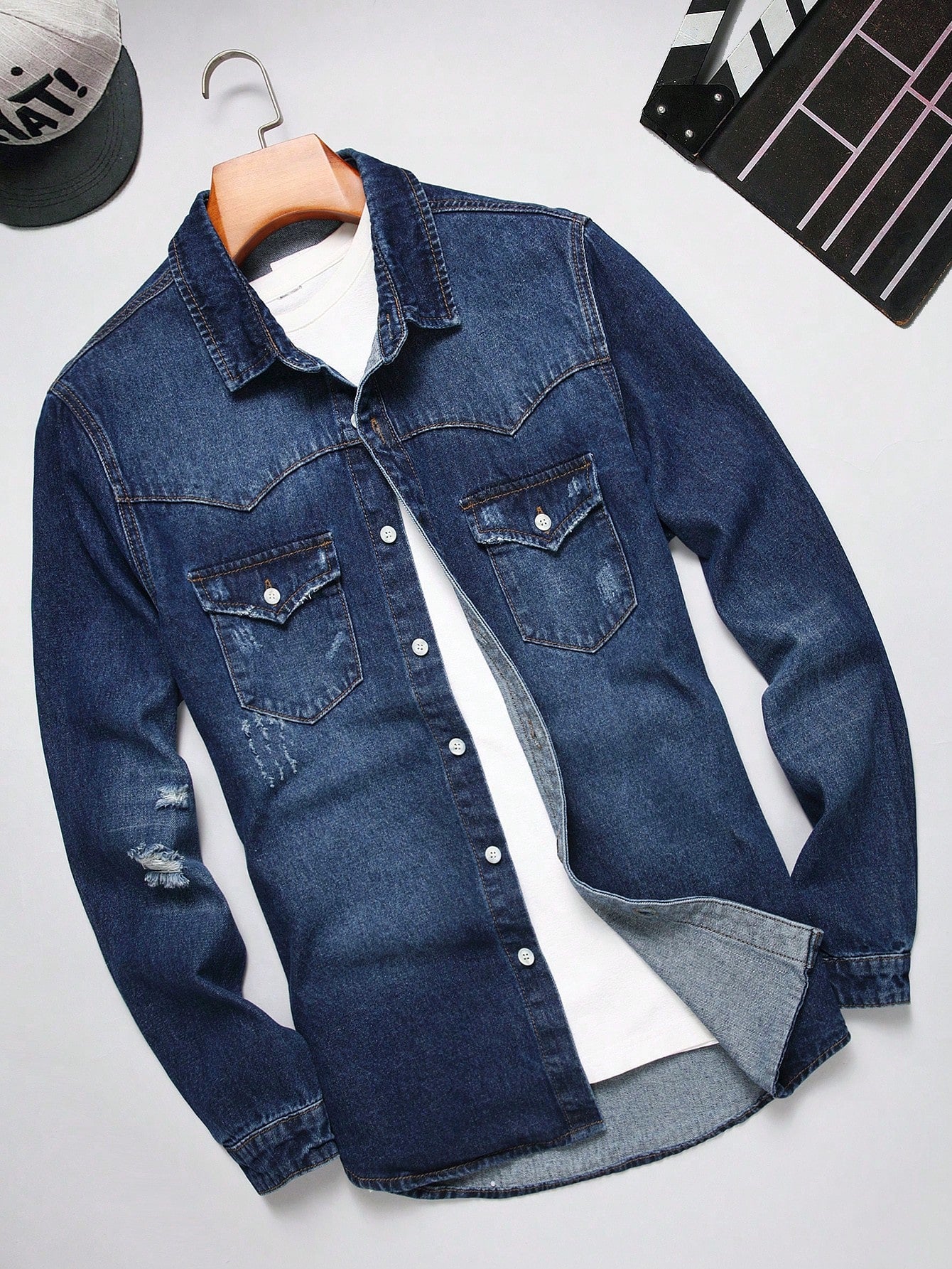 Men Fashionable Long Sleeve Button Up Denim Shirt, Cotton Dark Blue Party Fashion Friends Clothes