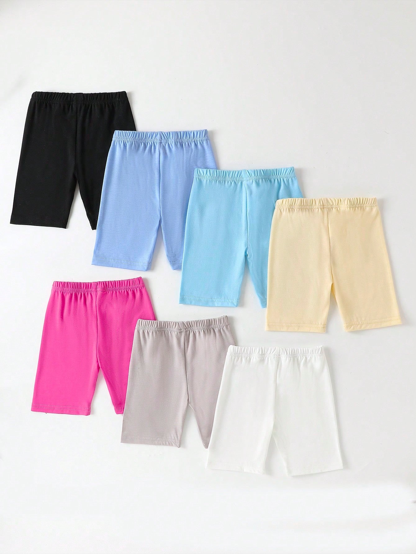 Tween Girl Seven-Pack Solid Elastic Waist Summer Biker Shorts