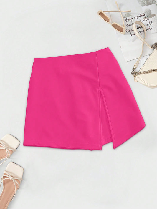 Solid Elastic Waist Split Hem Skort