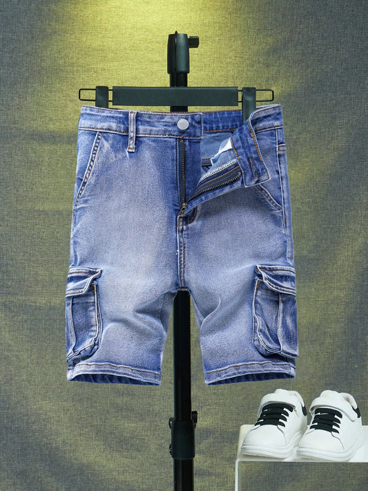 Tween Boy Casual Cargo Pocket Washed High Stretch Blue Denim Short For Summer