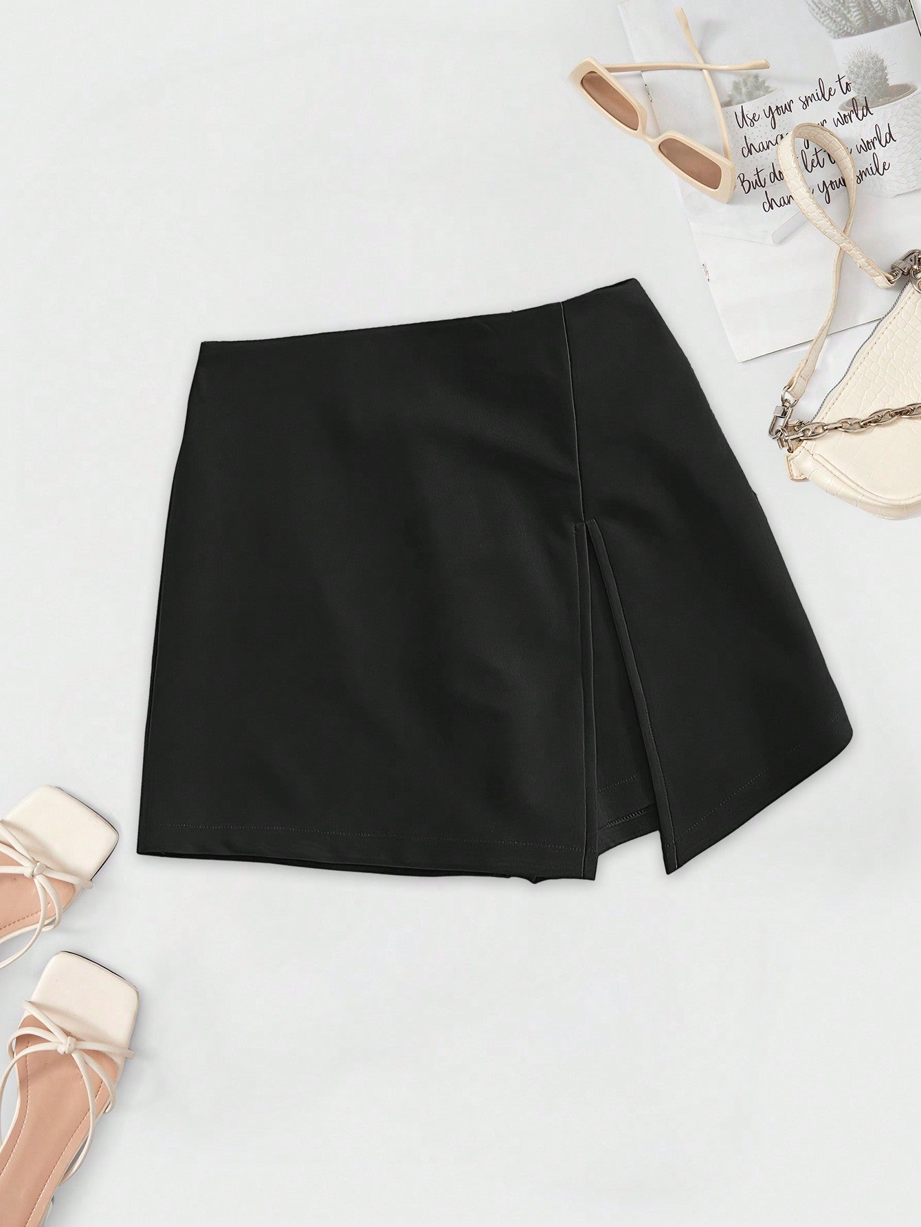 Solid Elastic Waist Split Hem Skort