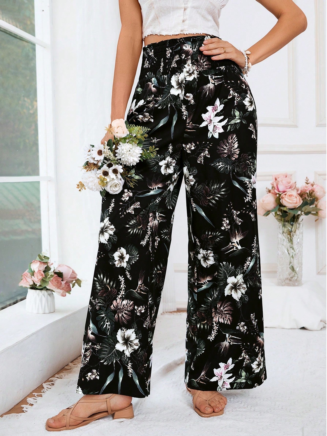 Tropical Print Wide Leg Pants