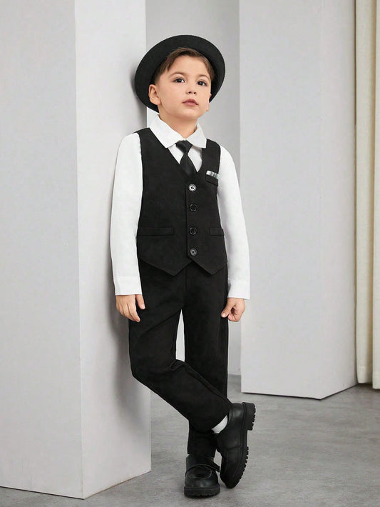 Blossomsprite Kids Young Boy Gentleman Two-Piece Stripe Waistcoat Suit + Long Pants Suit, Elegant Dress, Suitable For Birthday Parties, Evening Parties, Performances, Weddings, Baptism, First Year Birthday And Wedding Season