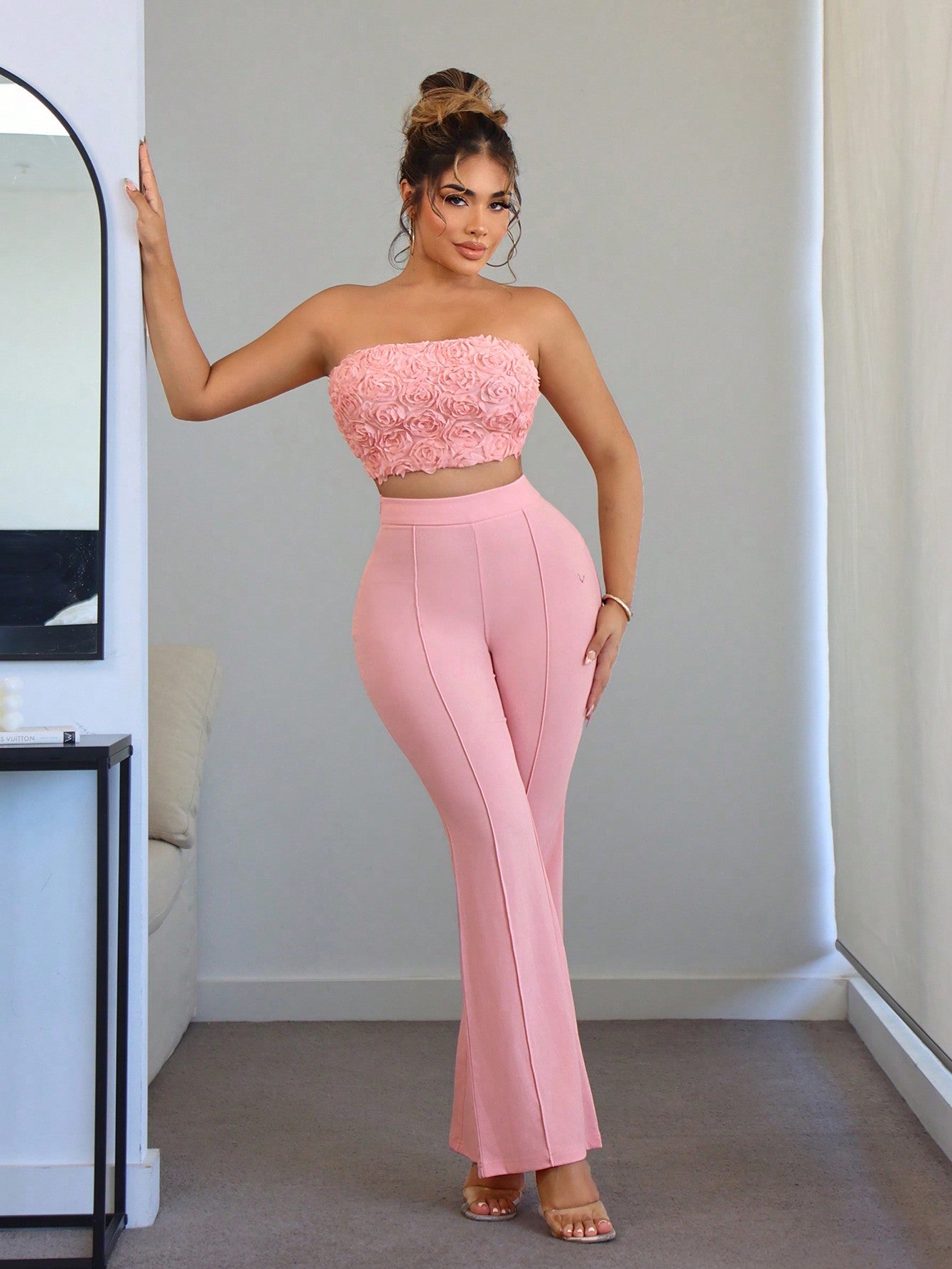 Holiday Attire Summer Soft Pink Wedding Dating Ruffles Mesh Flower Strapless Top With Bell Bottoms Women's 2pcs Set