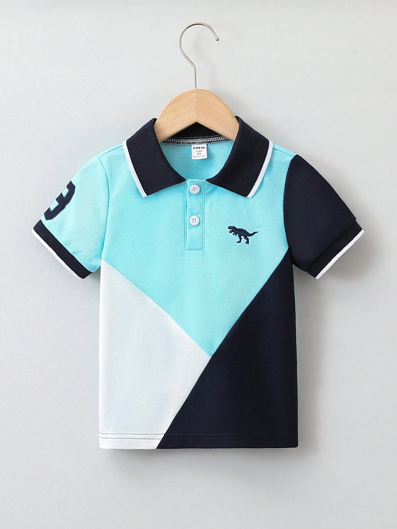 Young Boy Summer Casual Color-Block Dinosaur Embroidered Short Sleeve Polo Shirt