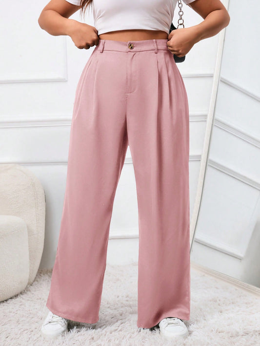 Plus Size Solid Color Button Fabric Pleated Dress Pants