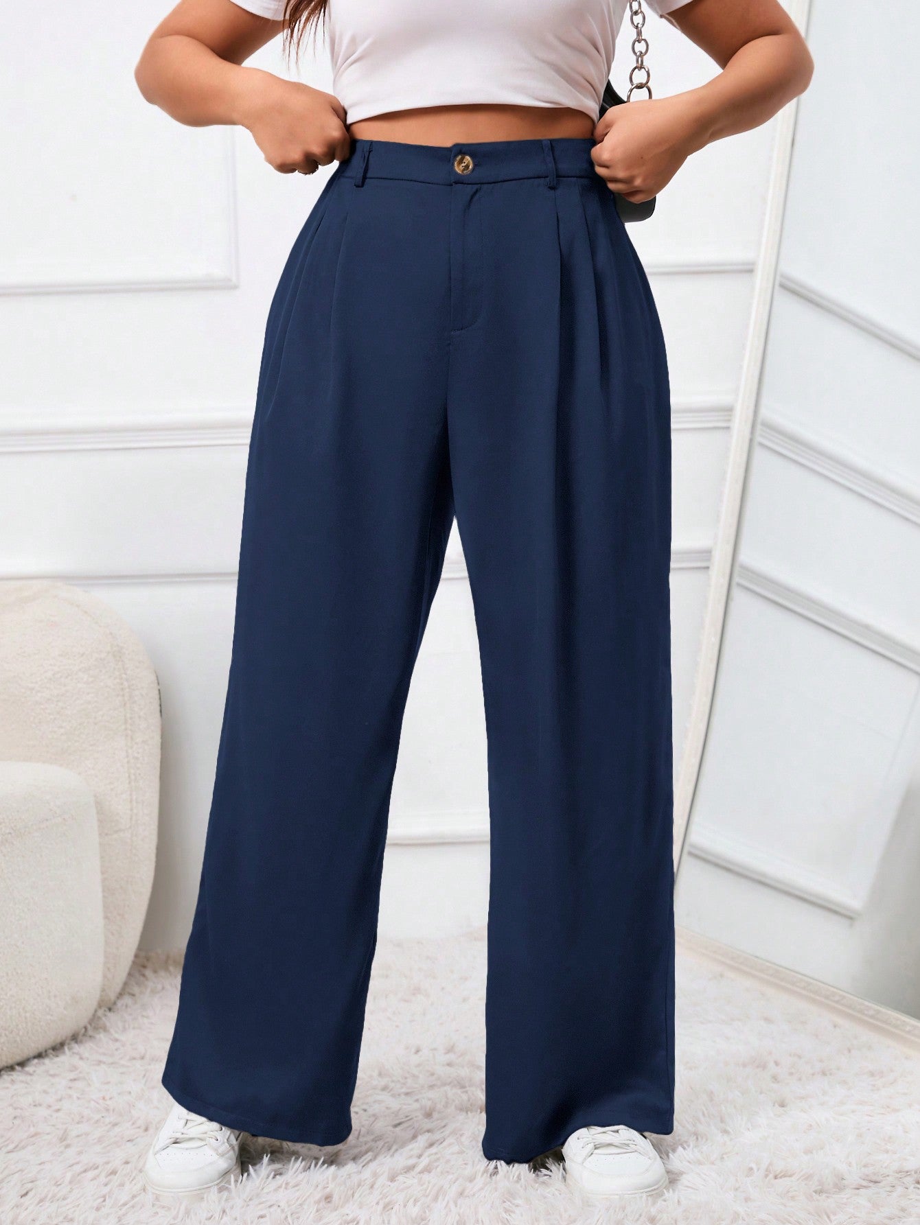 Plus Spring Plicated Detail Wide Leg Black Suit Pants