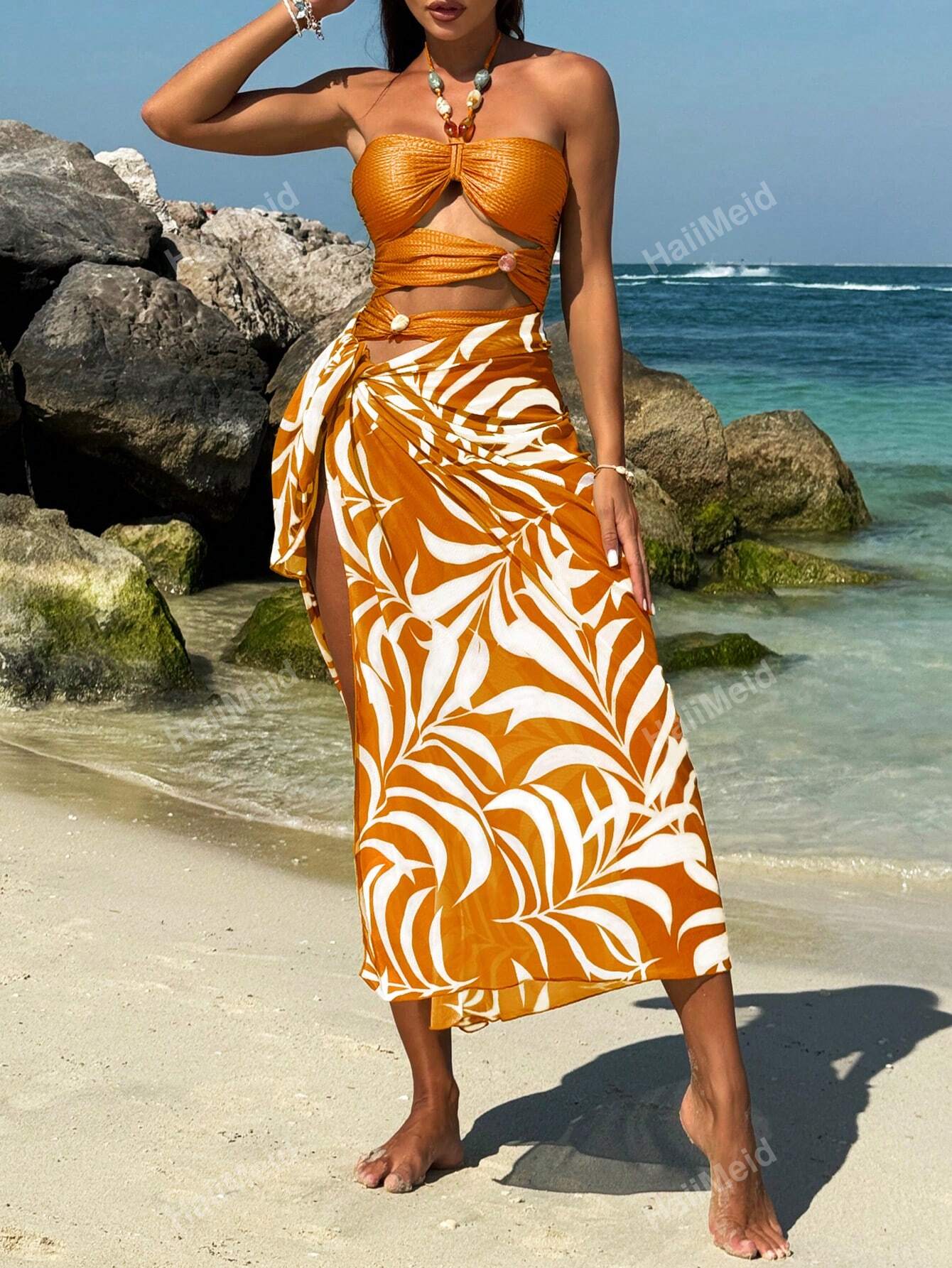 Women's Bohemian Plant Printed Sheer Maxi Skirt Bikini Beach Set