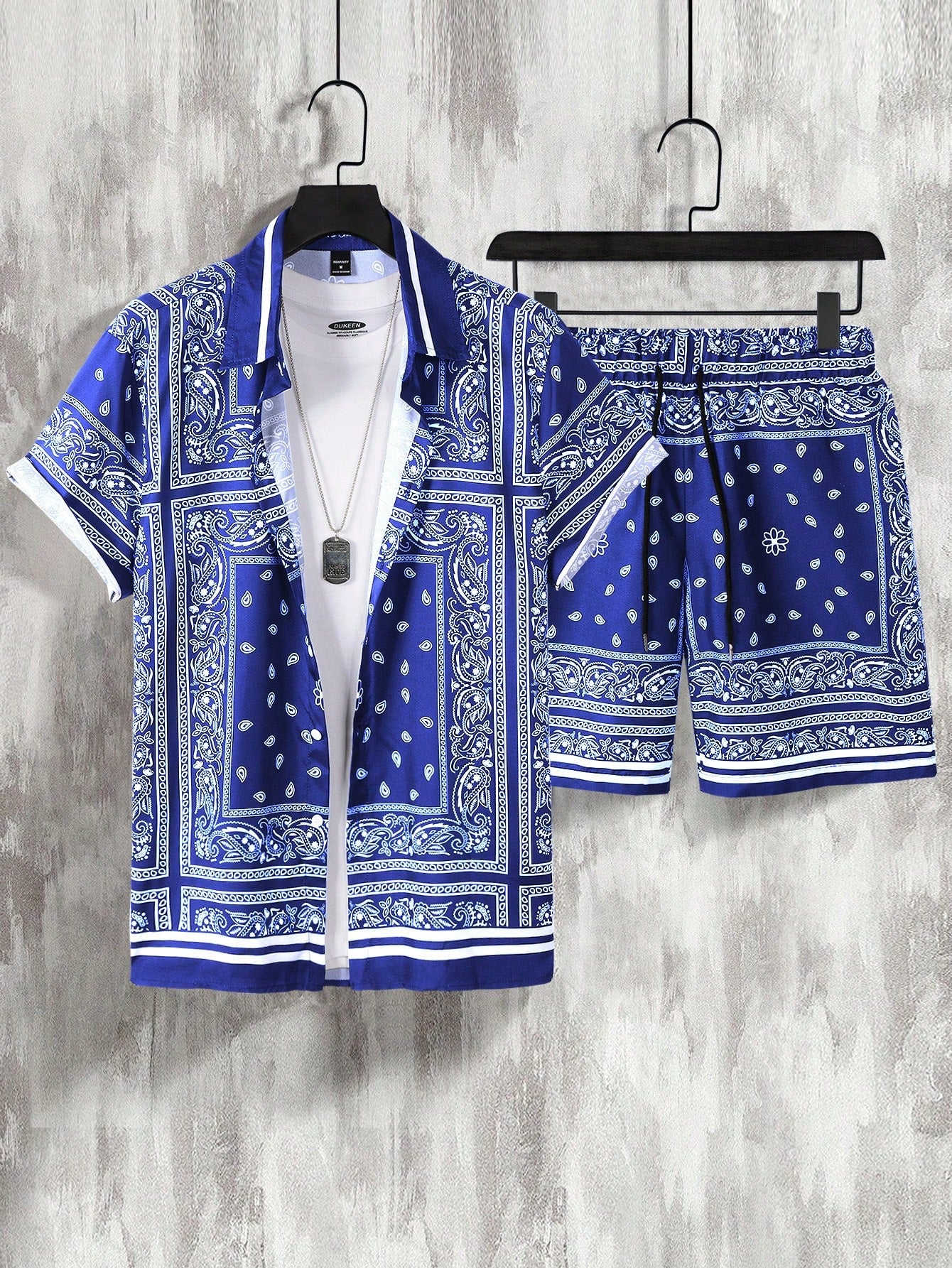 Men Paisley Print Short Sleeve Shirt And Shorts Set, Suitable For Summer