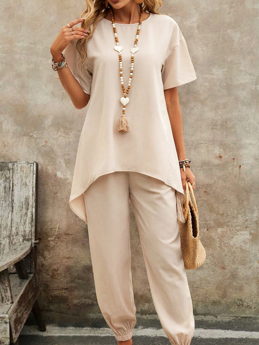 Solid Color Round Neck Asymmetrical Hem Top + Long Pants Two Pieces Set