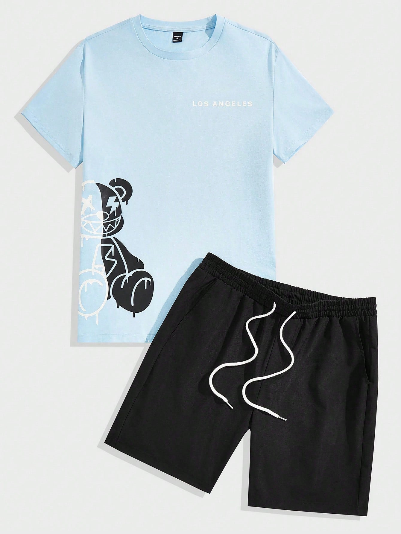 Men Bear & Letter Graphic Tee & Drawstring Waist Shorts