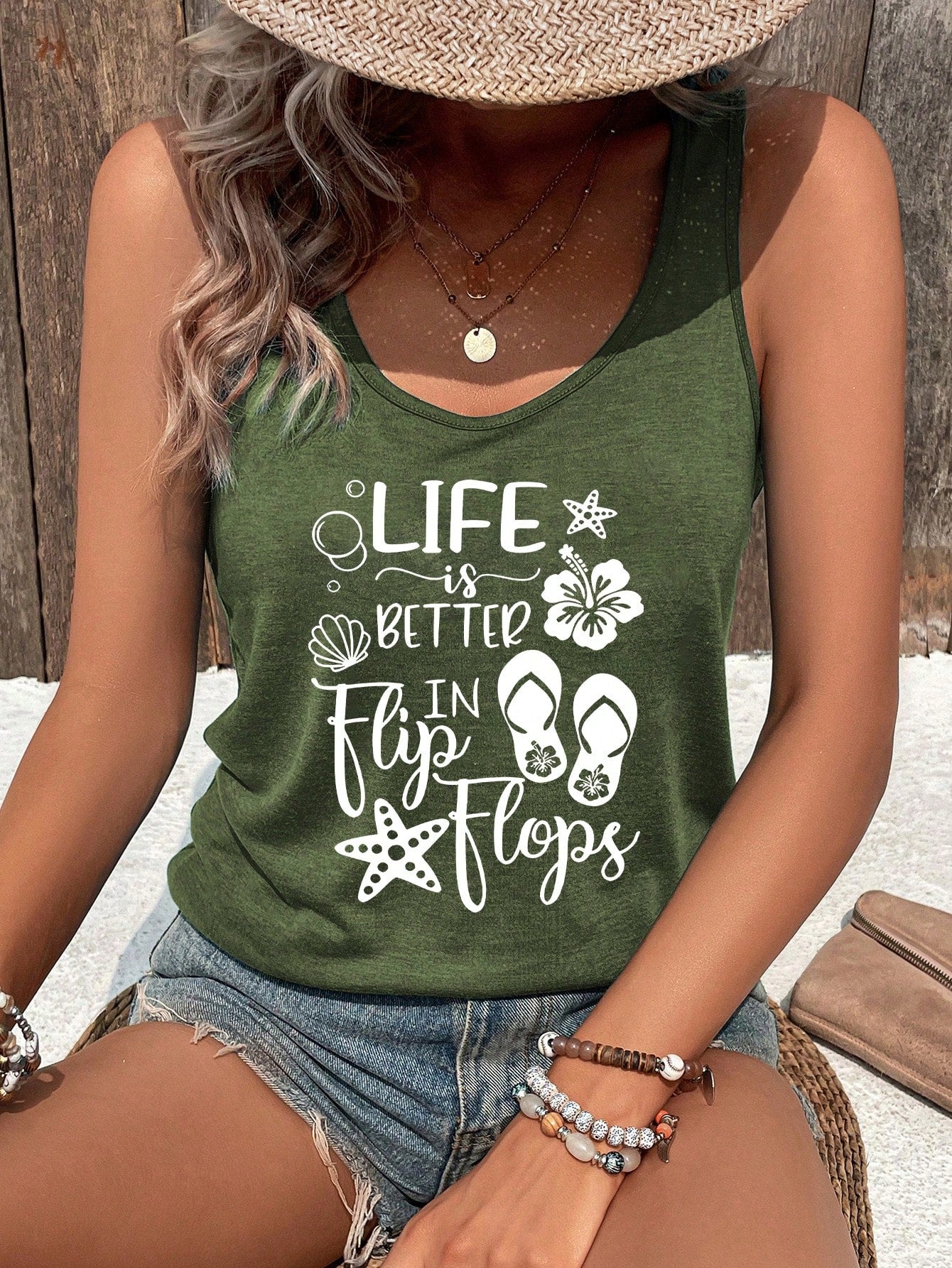 Women Vacation Leisure Slogan Printed Tank Top LIFE Is BETTER In Flip Flops