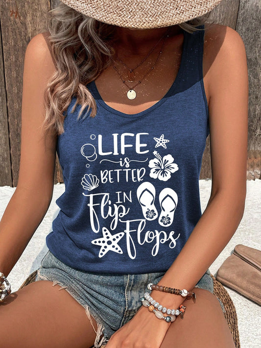 Women Vacation Leisure Slogan Printed Tank Top LIFE Is BETTER In Flip Flops