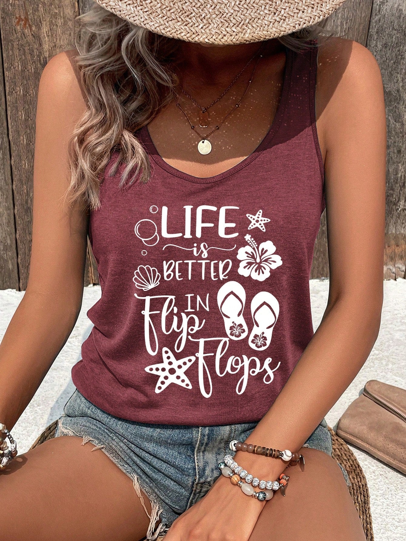 Women Vacation Leisure Slogan Printed Tank Top LIFE Is BETTER In Flip Flops