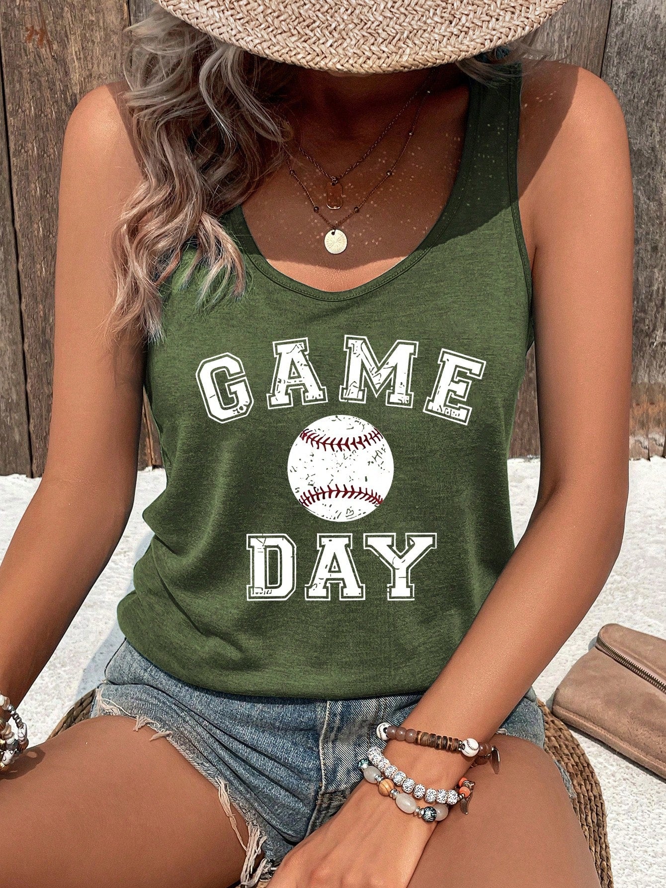 Women's Summer Casual V-Neck Letter & Baseball Printed Tank Top