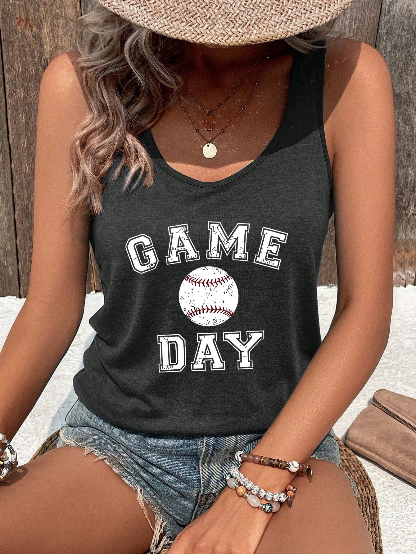 Women's Summer Casual V-Neck Letter & Baseball Printed Tank Top