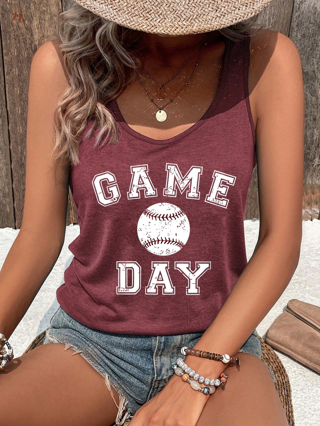 Women's Summer Casual V-Neck Letter & Baseball Printed Tank Top