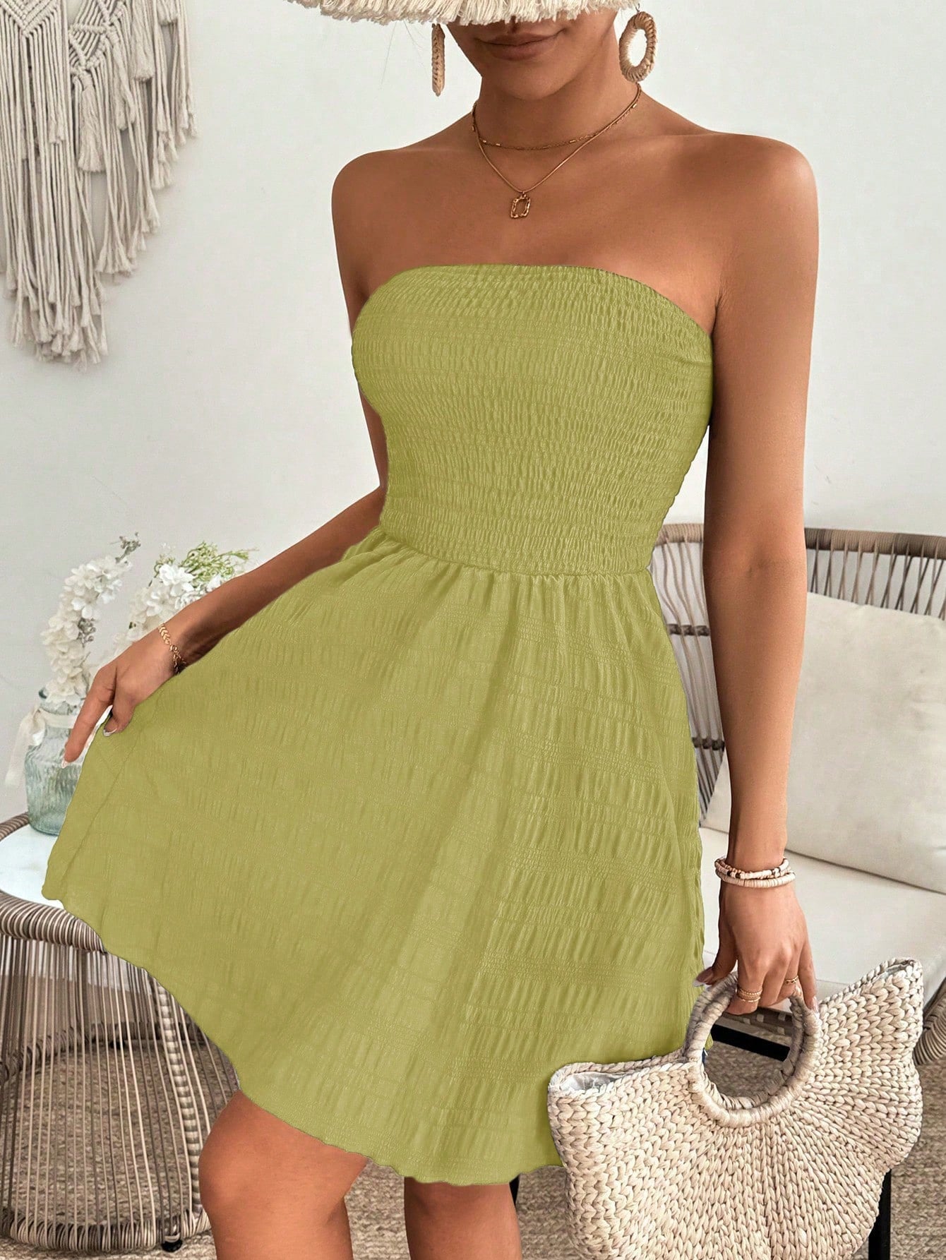 Solid Color Gathered & Cinched Strapless Dress