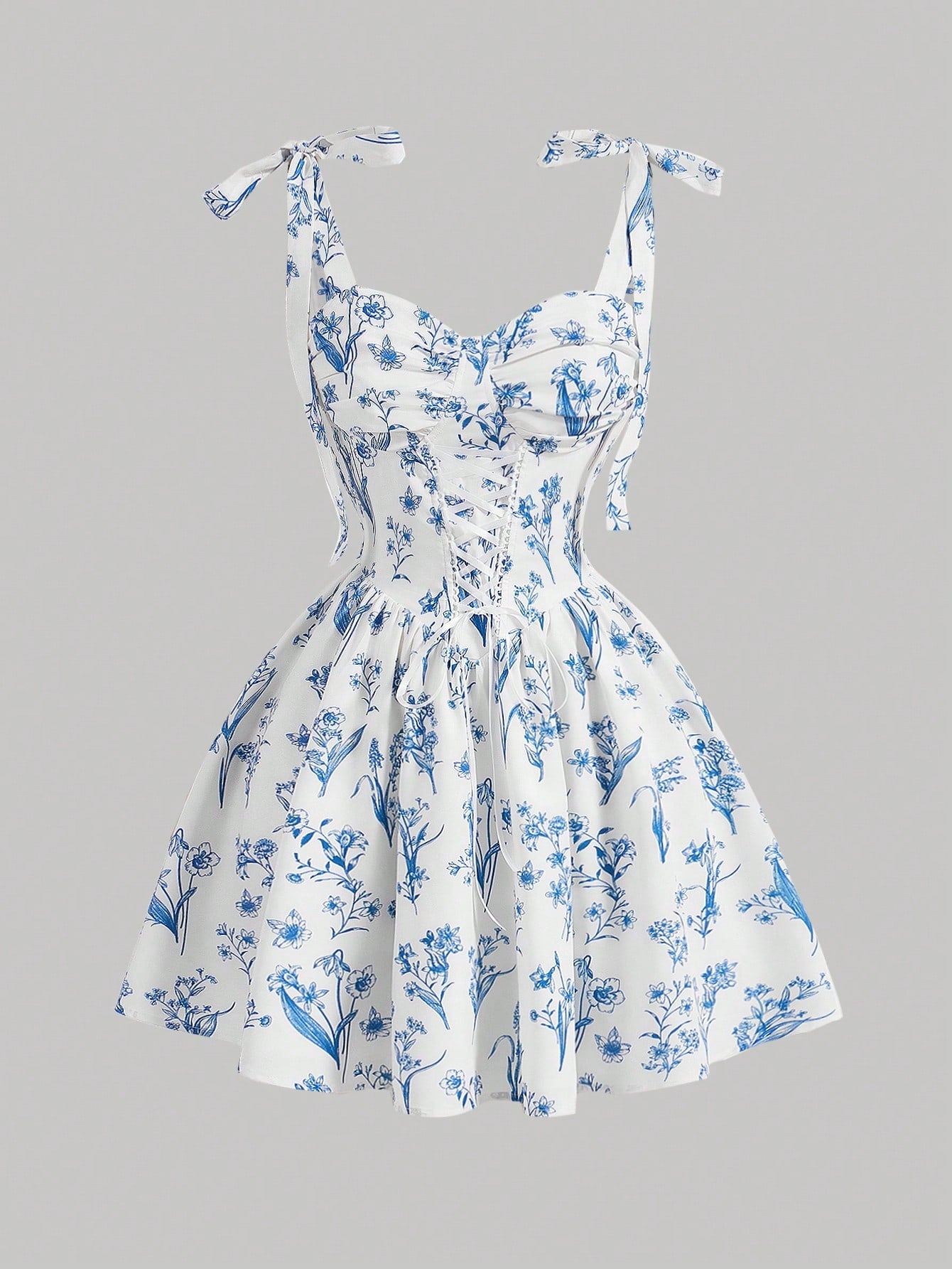 Blue And White Striped Floral Print Summer Holiday Dating Pleated Cross Strap Dress With Bowknot Detail And V Neckline