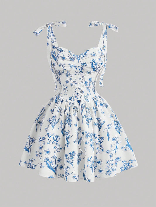 Blue And White Striped Floral Print Summer Holiday Dating Pleated Cross Strap Dress With Bowknot Detail And V Neckline