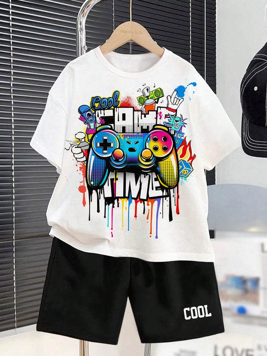 Young Boy Gamepad & Letter Graphic Tee & Shorts For Summer