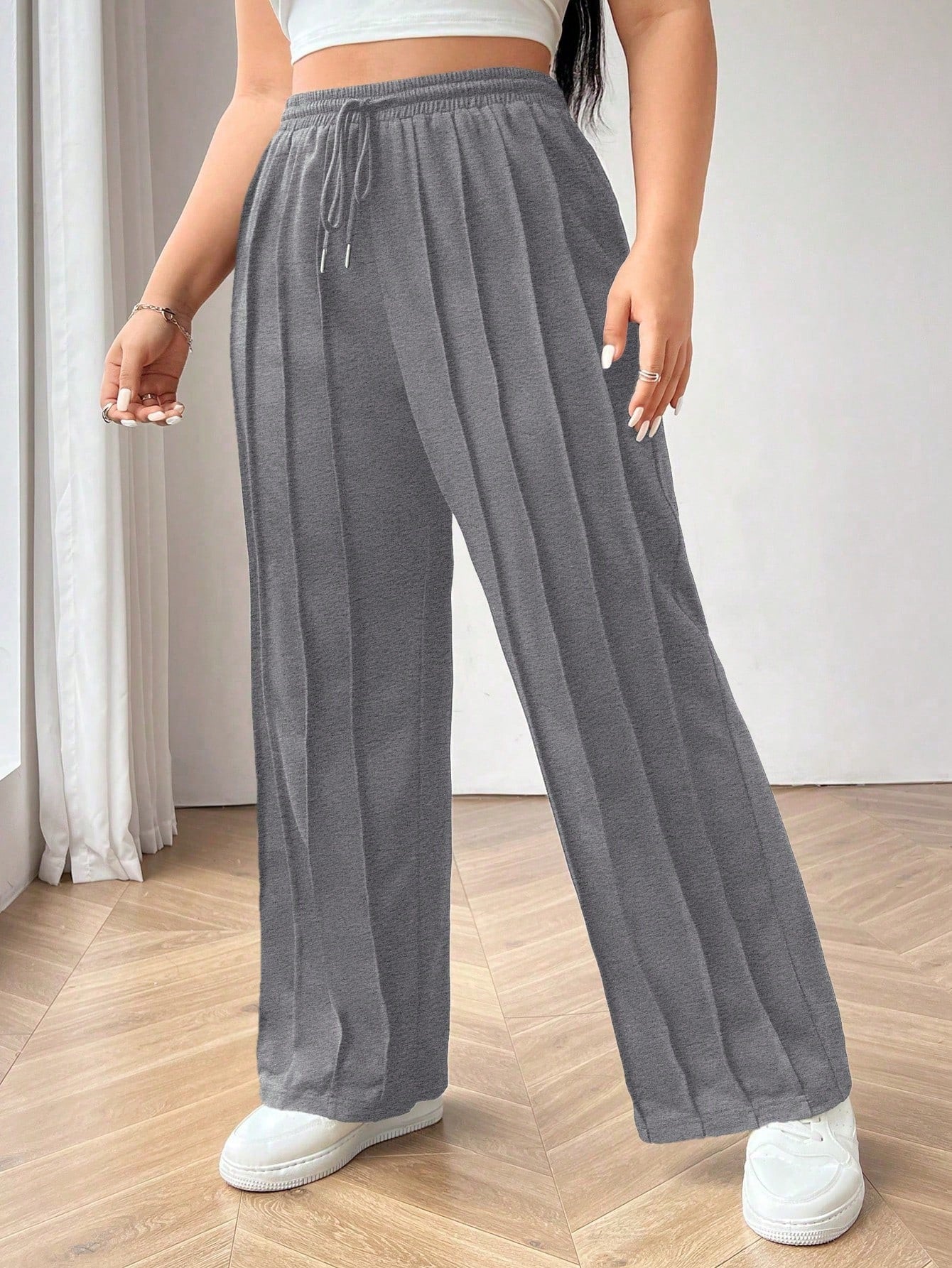 Plus Size Drawstring Waist Elastic Hem Wide-Leg Pants