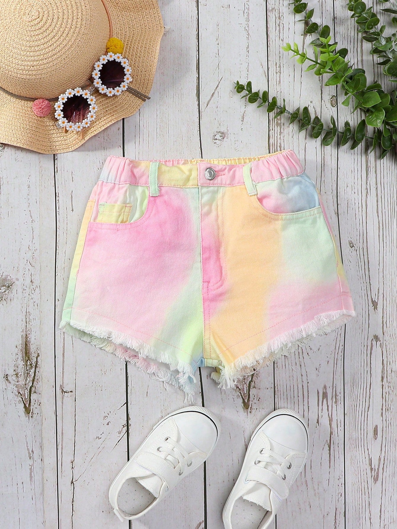 Tween Girl Vintage Style Dopa Tie-Dyed Loose Fit Comfortable Frayed Denim Shorts