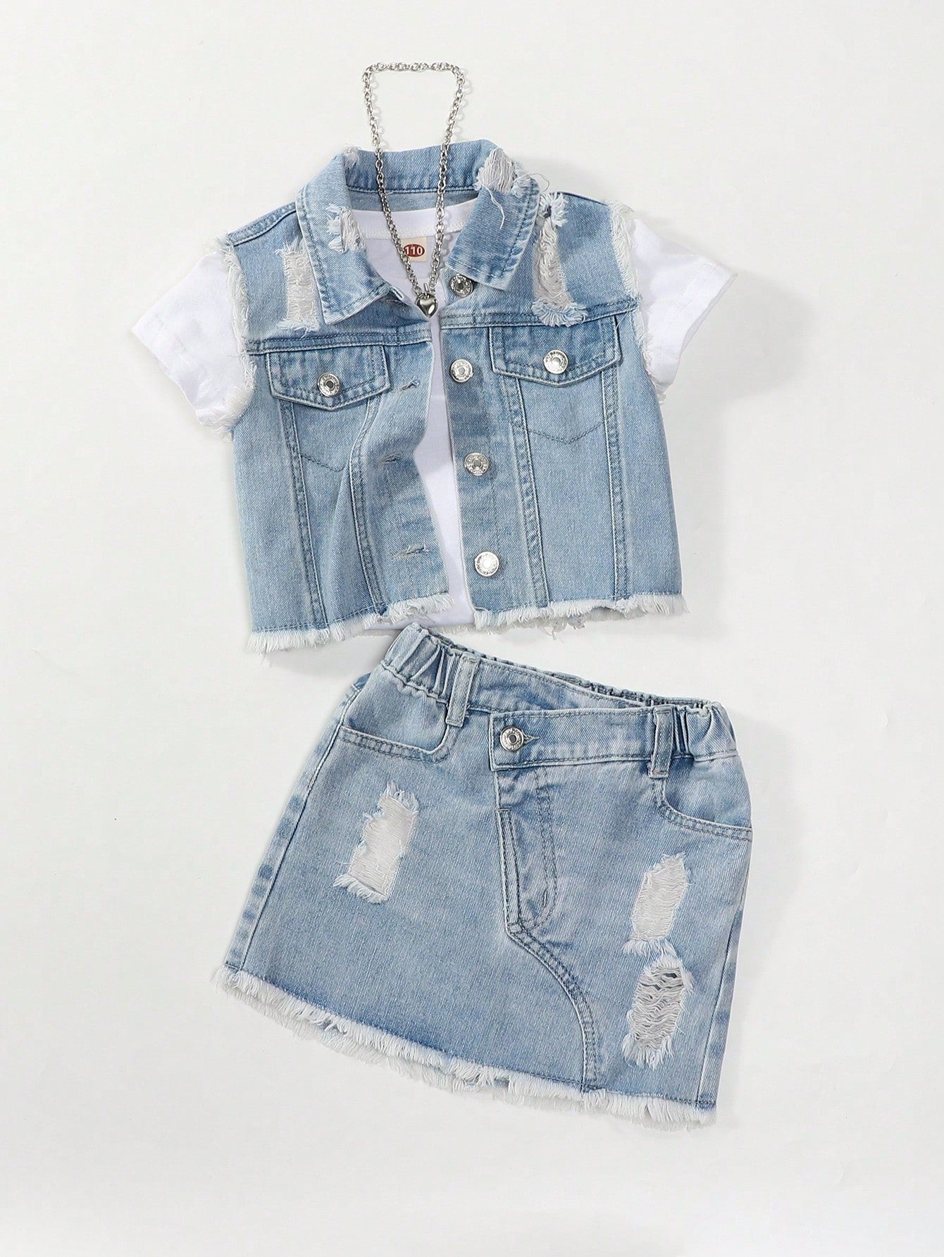 Streecool Kids Young Girl Y2K Fashionable Light Blue Distressed Denim Vest With Frayed Edges & Asymmetrical Hem Cut Denim Skirt Set