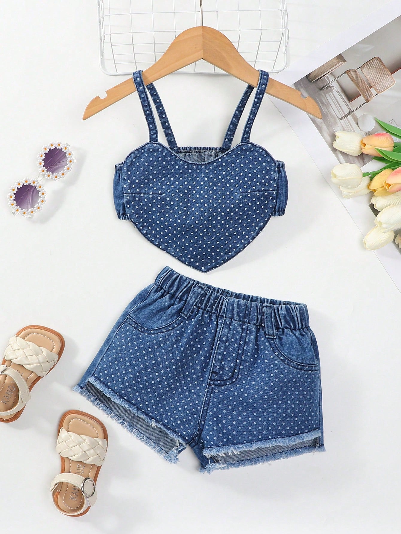 Young Girl Summer Casual Vacation Style Heart Shaped Strap Camisole With Polka Dot & Printed Detail And Denim Shorts With Fringe Hem