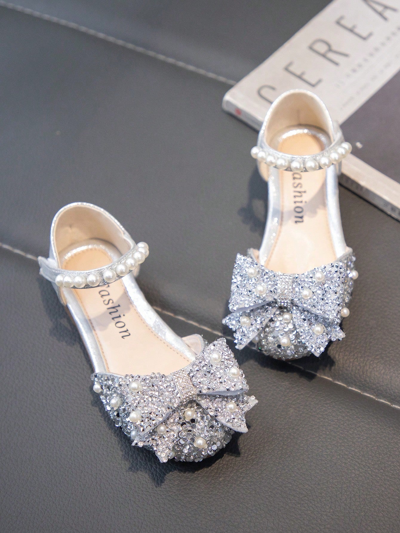 Children Flat Shoes With Rhinestone Bow Embellishment And Glittering Details