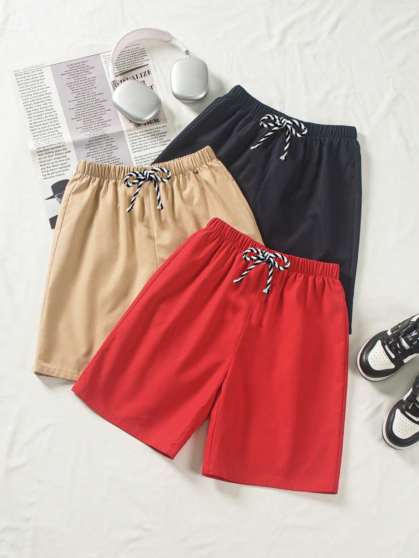 Tween Boy 3pcs/Set Casual Solid Color Wide-Leg Woven Shorts, One Piece In Three Colors